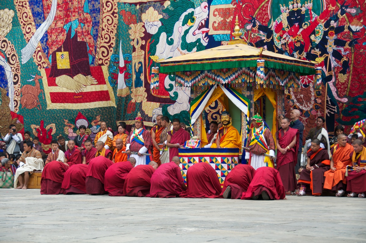 Monks in ceremonial dress at Punakha Drubchen